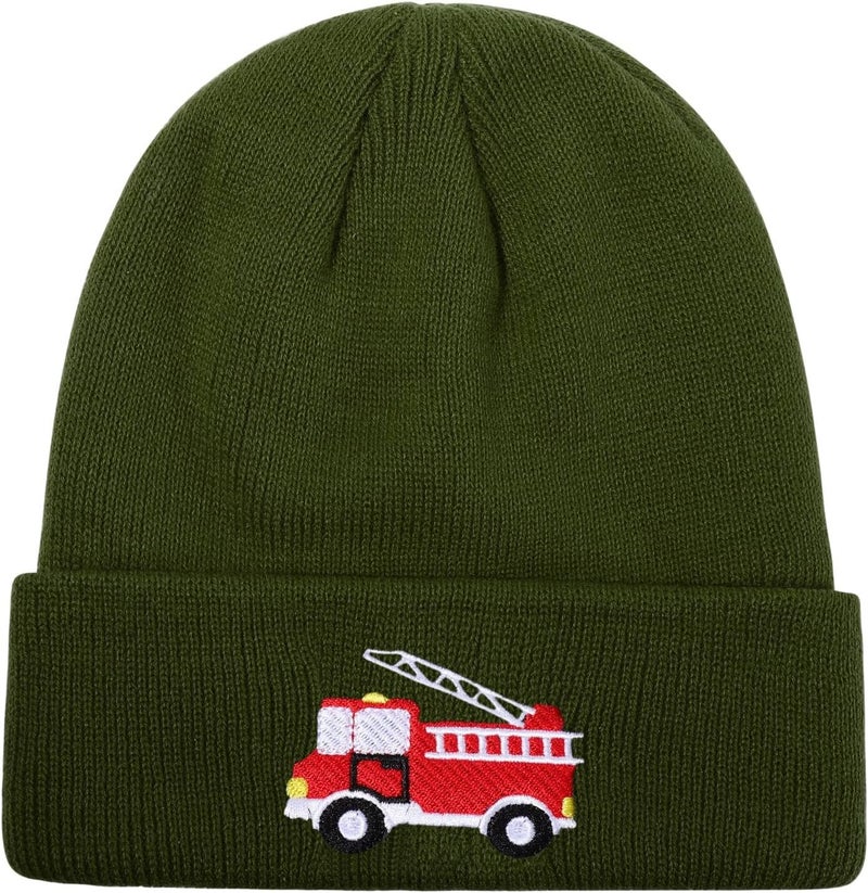 KDVOG Store Kids Knit Beanie Cute Fire Trucks Embroidery Warm Cuffed Skull Caps Classic Autumn Winter Hats for Boys Girls 3-8 Years - Image 1